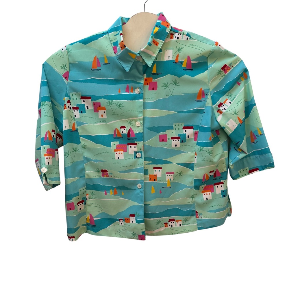 Peter Popovitch‎ Womens XL Sailboat Coastal Novelty Print Blouse Blue 36463